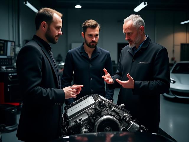 Team di fondatori di Foglia Motori in officina mentre esamina un motore ad alte prestazioni